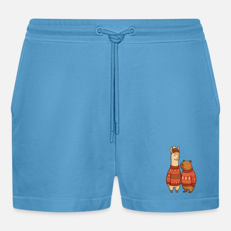 Lama und Cabibara Weihnachtspullover Duo - Organic Relaxed Cropped Shorts Made in EU - Sol Blue