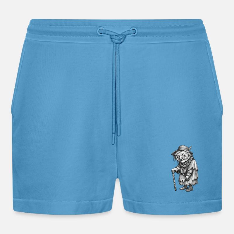 Alte Wanderin mit Stab | Omas Lumpen - Organic Relaxed Cropped Shorts Made in EU -  Sol Blue
