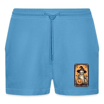 Tarot Hexen Skelett Karte mit Kürbis - Organic Relaxed Cropped Shorts Made in EU -  Sol Blue - Vorne