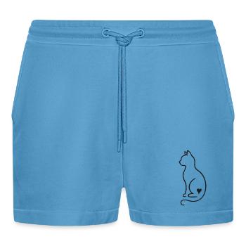 Minimalist Cat Line Art – Black Design - Organic Relaxed Cropped Shorts Made in EU -  Sol Blue - Front