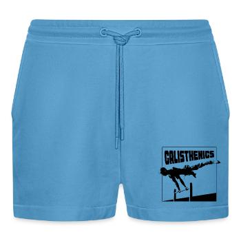 Calisthenics Planche Pose Silhouette - Organic Relaxed Cropped Shorts Made in EU -  Sol Blue - Vorne