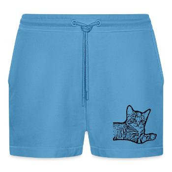 Cat Black Kitten Kitten - Organic Relaxed Cropped Shorts Made in EU -  Sol Blue - Front