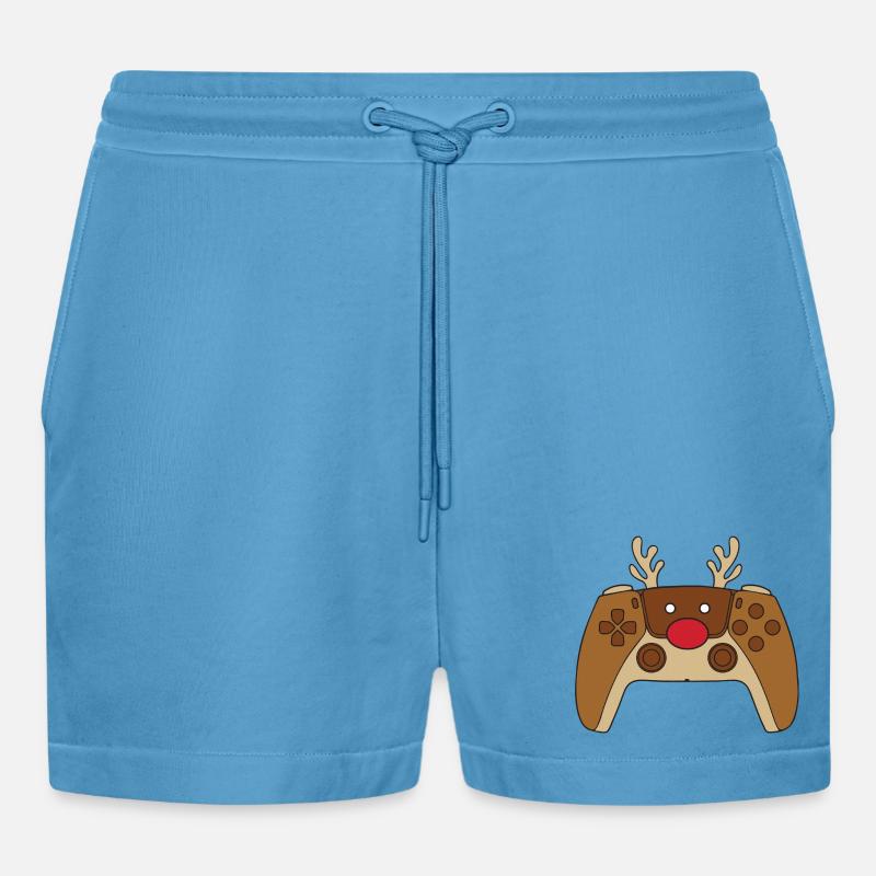 Reindeer Video Game Controller Christmas Player - Organic Relaxed Cropped Shorts Made in EU - Sol Blue