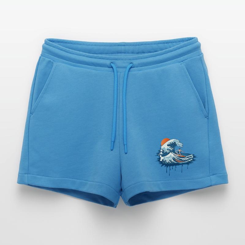 Dynamic Surf Illustration on Powerful Wave Organic Relaxed Cropped Shorts Made in EU