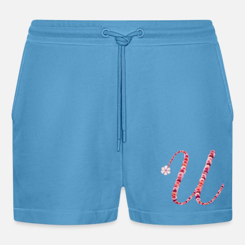 Romantic floral monogram "U" - Organic Relaxed Cropped Shorts Made in EU - Sol Blue