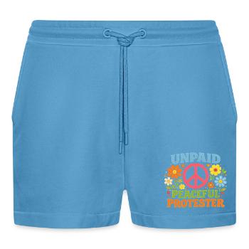 Unpaid Peaceful Protest Retro Flowers - Organic Relaxed Cropped Shorts Made in EU -  Sol Blue - Front