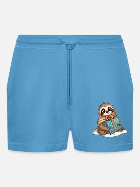 Cute sloth unwrapping gift - Organic Relaxed Cropped Shorts Made in EU -  Sol Blue