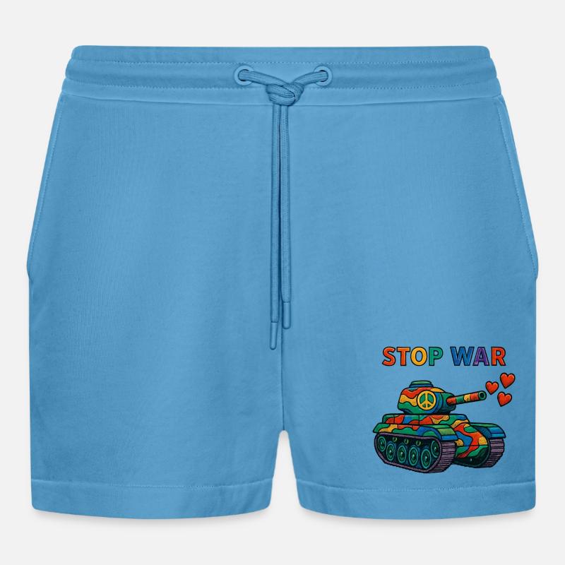 Regenbogen Panzer mit Peace-Zeichen – STOP WAR - Organic Relaxed Cropped Shorts Made in EU -  Sol Blue