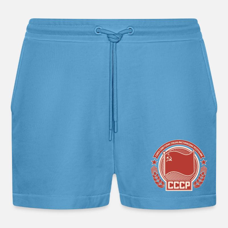 Soviet Emblem Wreath Flag Pattern - Organic Relaxed Cropped Shorts Made in EU -  Sol Blue