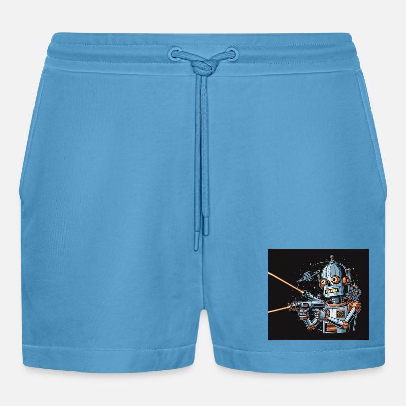 Retro Sci-Fi Roboter mit Laserwaffe - Organic Relaxed Cropped Shorts Made in EU -  Sol Blue