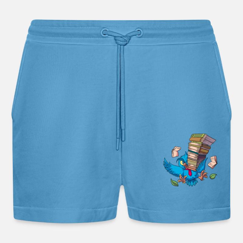 Cartoon Eule mit Bücherstapel - Büchereule - Organic Relaxed Cropped Shorts Made in EU - Sol Blue