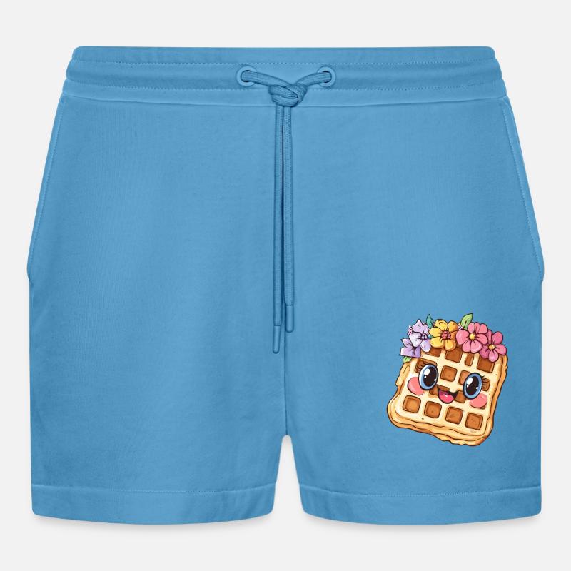 Waffle with flowers - Organic Relaxed Cropped Shorts Made in EU -  Sol Blue
