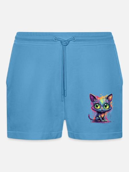 Bunte Neon Katze - Organic Relaxed Cropped Shorts Made in EU -  Sol Blue