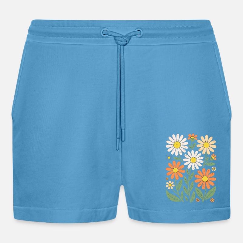 Boho Retro Gänseblümchen Muster Retro - Organic Relaxed Cropped Shorts Made in EU -  Sol Blue