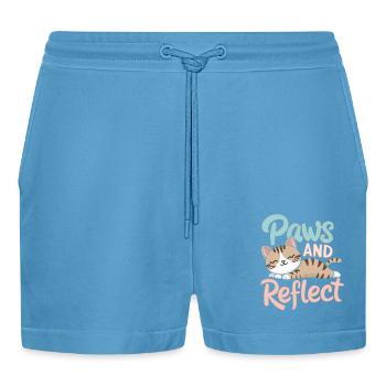 Paws And Reflect Yoga Meditation Mindfulness Cat - Organic Relaxed Cropped Shorts Made in EU -  Sol Blue - Front