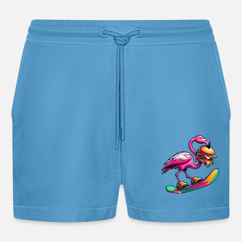 Flamingo Snowboarder mit Burger - Organic Relaxed Cropped Shorts Made in EU -  Sol Blue