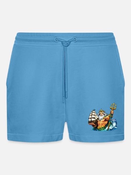 Neptune with sailing ship - Organic Relaxed Cropped Shorts Made in EU -  Sol Blue
