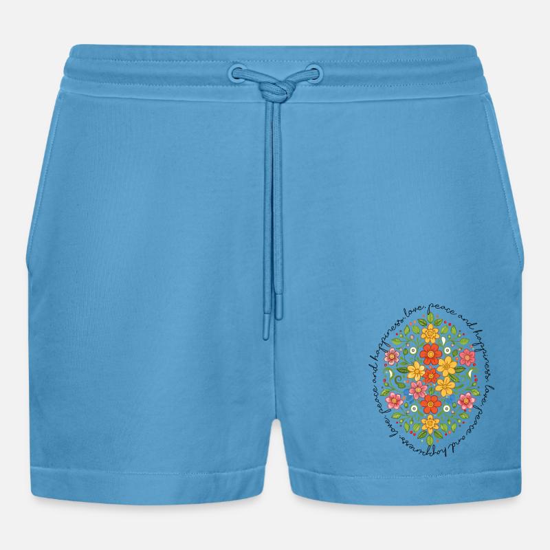 Amore, pace e felicità (disegno floreale) - Pantaloncini corti ecologici casual Made in UE -  Sol Blue