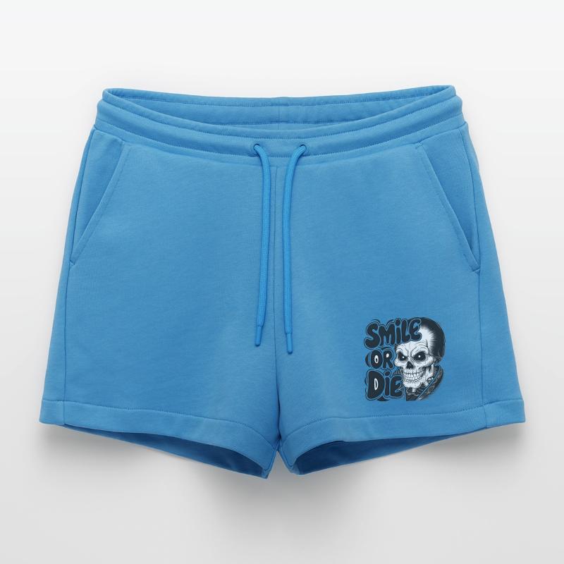 Vampirskelett mit Text Lächeln oder Sterben Organic Relaxed Cropped Shorts Made in EU