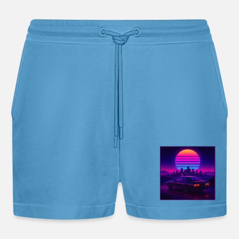 Neon Outrun Sunset Auto – Retro Synthwave - Organic Relaxed Cropped Shorts Made in EU -  Sol Blue