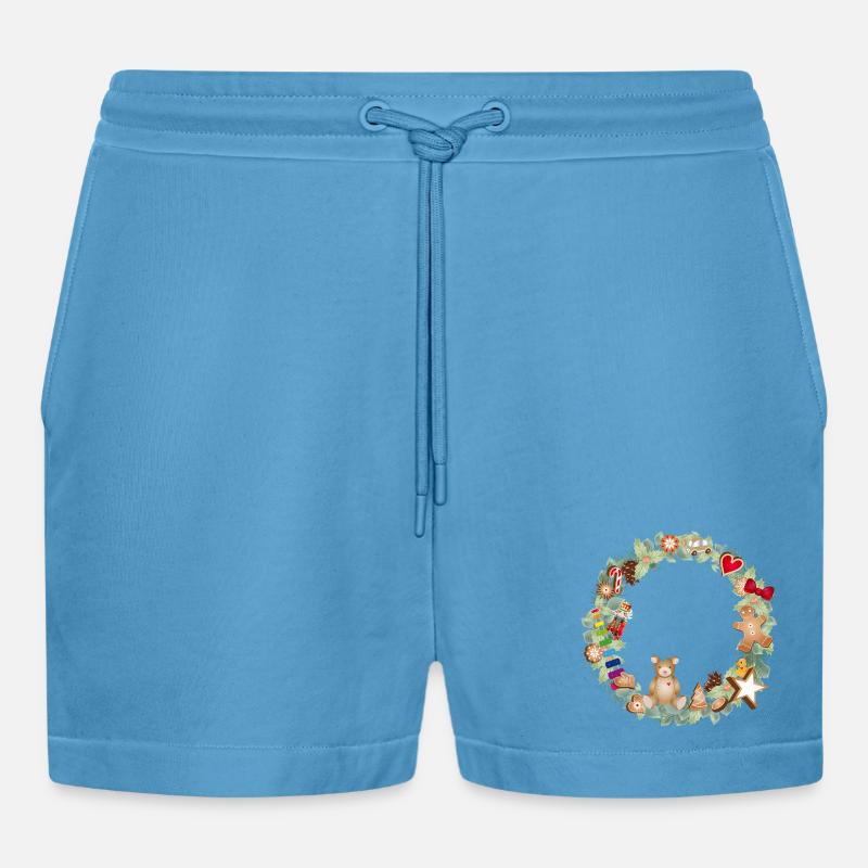 Bunter Weihnachtskranz mit Spielzeug und Lebkuchen - Organic Relaxed Cropped Shorts Made in EU -  Sol Blue