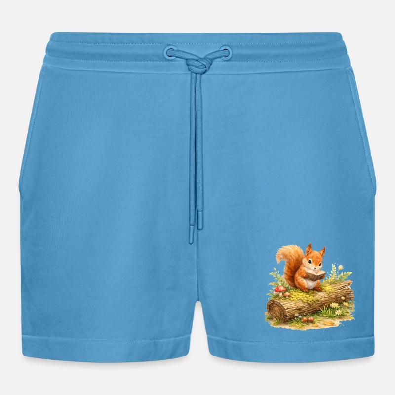 Eichhörnchen liest Buch Illustration  - Organic Relaxed Cropped Shorts Made in EU -  Sol Blue