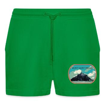 Illustration in blue and green of Mont Saint Michel - Organic Relaxed Cropped Shorts Made in EU - City Green - Front