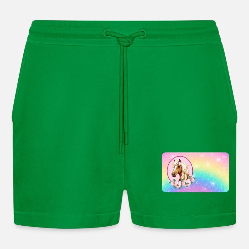 Pferd mit Blumen und Glitter Regenbogen - Organic Relaxed Cropped Shorts Made in EU - City Green