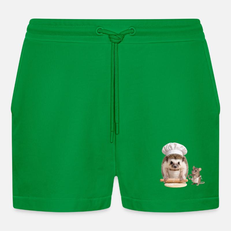 Hedgehog baker with mouse helper - Organic Relaxed Cropped Shorts Made in EU - City Green