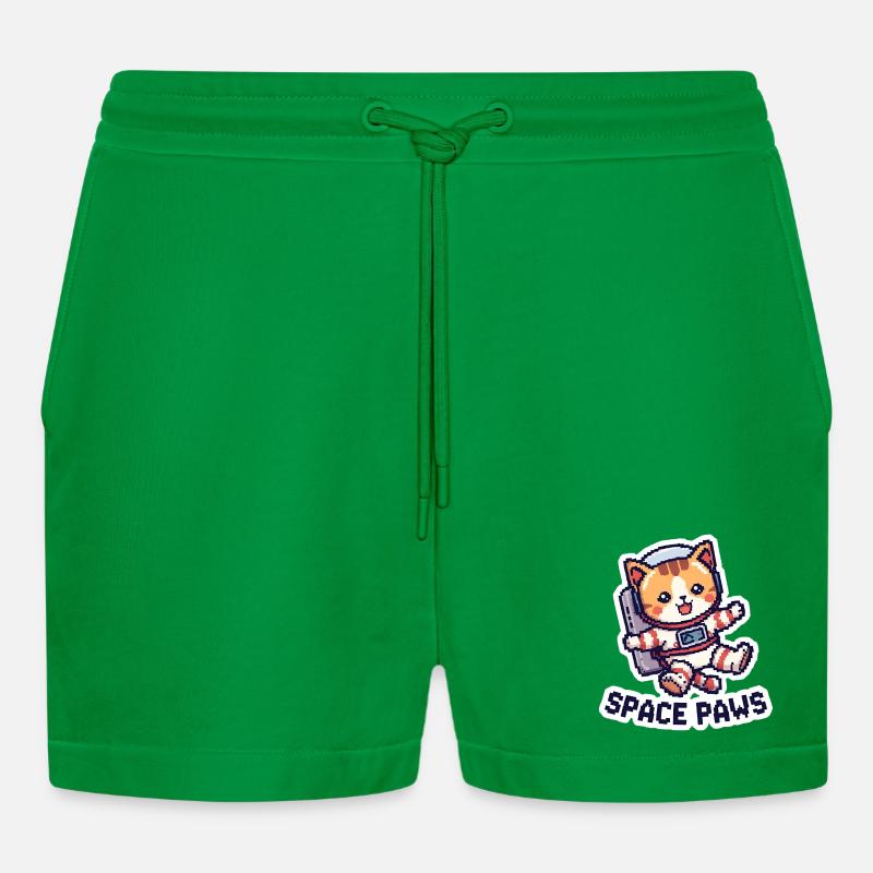 Space Paws – Pixel Cat in Space - Organic Relaxed Cropped Shorts Made in EU - City Green