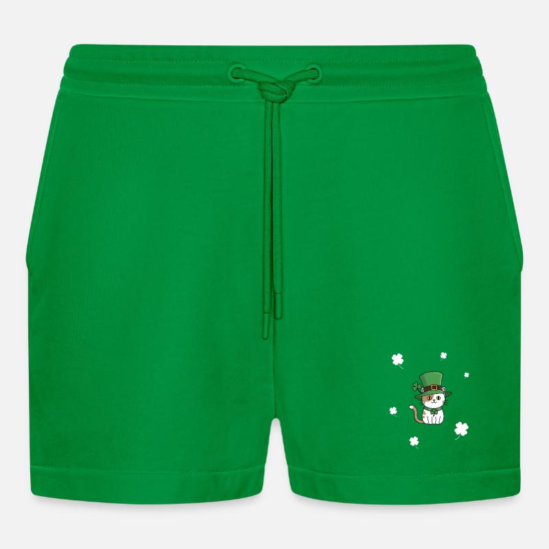 St Patrick's Day Cat - Organic Relaxed Cropped Shorts Made in EU - City Green