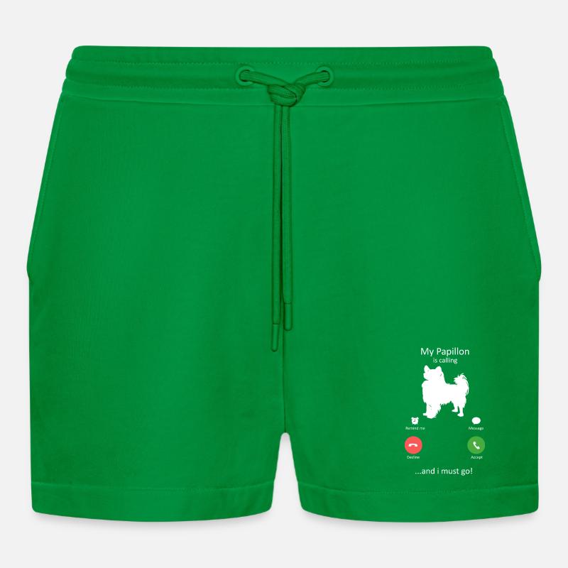 Papillon Dog Calling Smartphone Interface - Organic Relaxed Cropped Shorts Made in EU - City Green