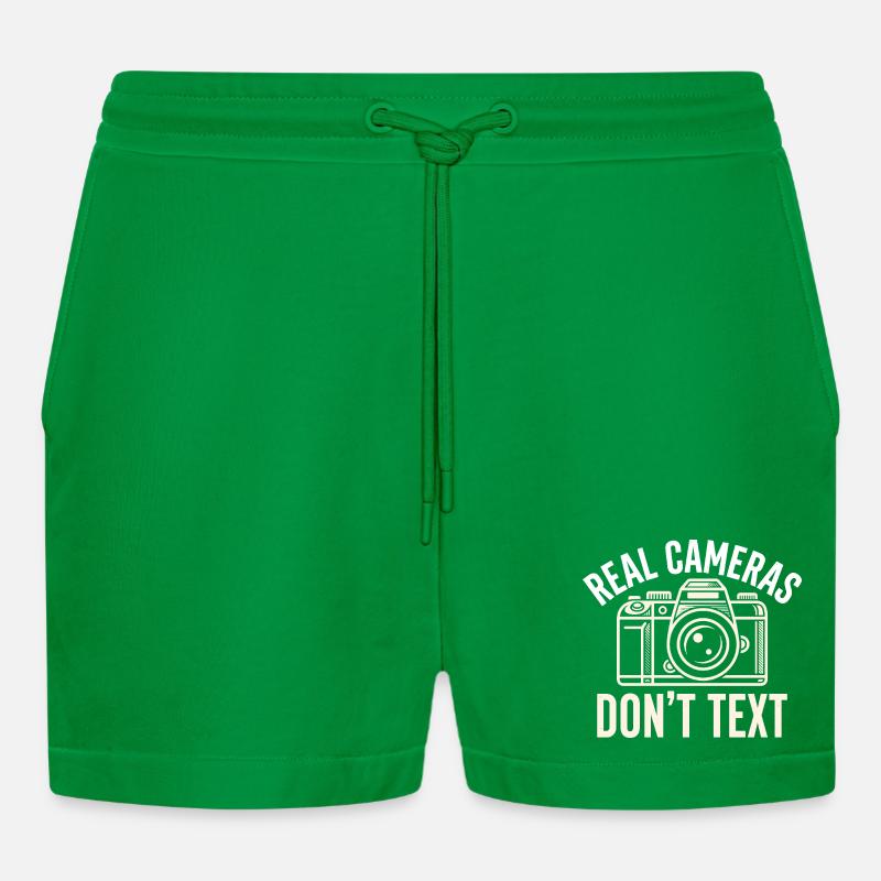 Real Cameras Don't Text Statement - Organic Relaxed Cropped Shorts Made in EU - City Green