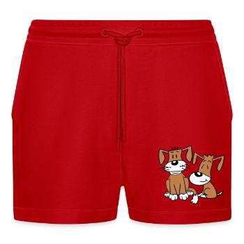 2 Hunde Team Sitzen Zwei Freunde Crew Glücklich - Organic Relaxed Cropped Shorts Made in EU - Rot - Vorne