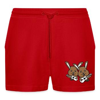 2 Bunnies Friends Team Play Guitar Music Band - Organic Relaxed Cropped Shorts Made in EU - red - Front