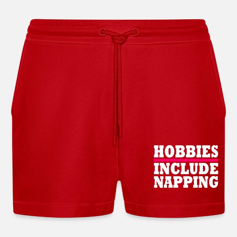 Hobbies include napping - Short bio décontracté court fabriqué en UE - rouge