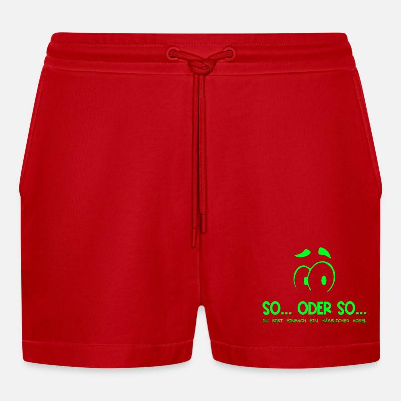 So...Oder So: Hässlicher Vogel - Neongrün - Organic Relaxed Cropped Shorts Made in EU - Rot
