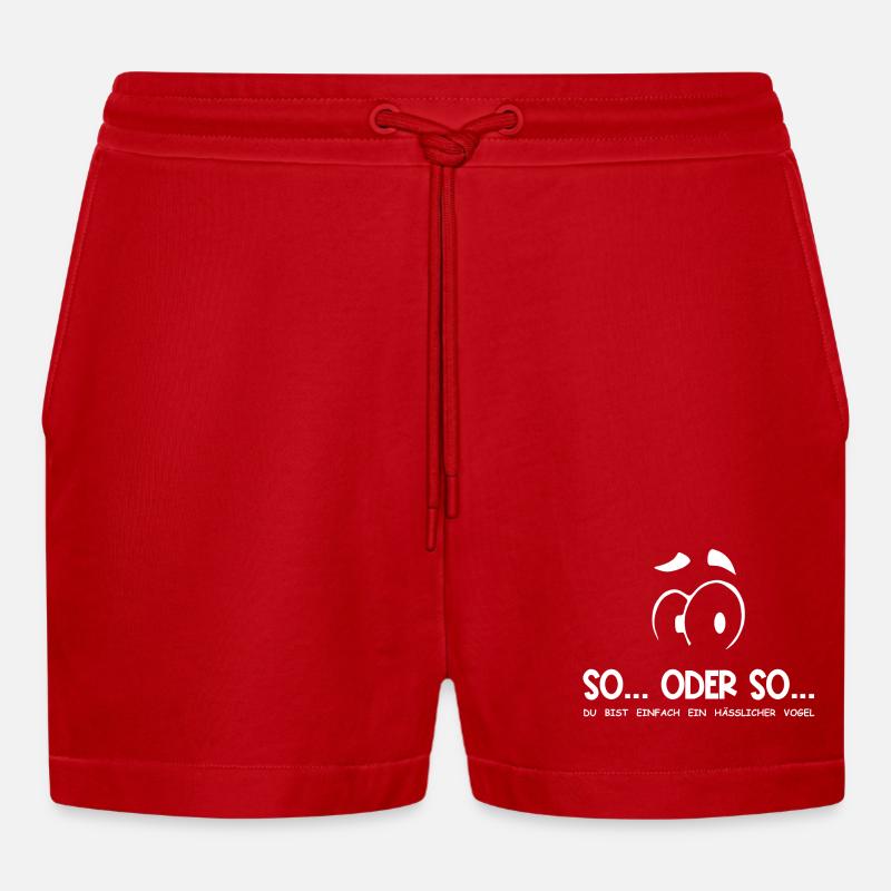 So...Oder So: Hässlicher Vogel - Weiß - Organic Relaxed Cropped Shorts Made in EU - Rot