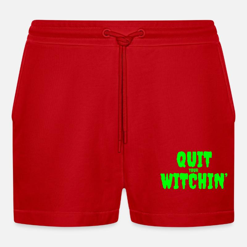 Spooky Green Witching Quit Design - Organic Relaxed Cropped Shorts Made in EU - red