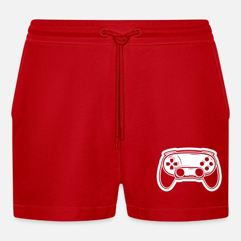 Video Game Controller Drawing - Organic Relaxed Cropped Shorts Made in EU - red