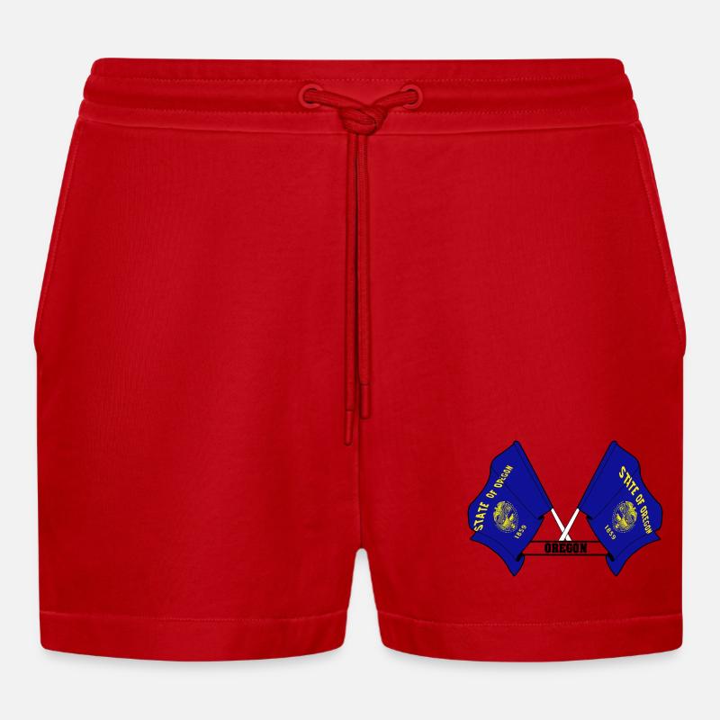 Two flags text OREGON - Organic Relaxed Cropped Shorts Made in EU - red