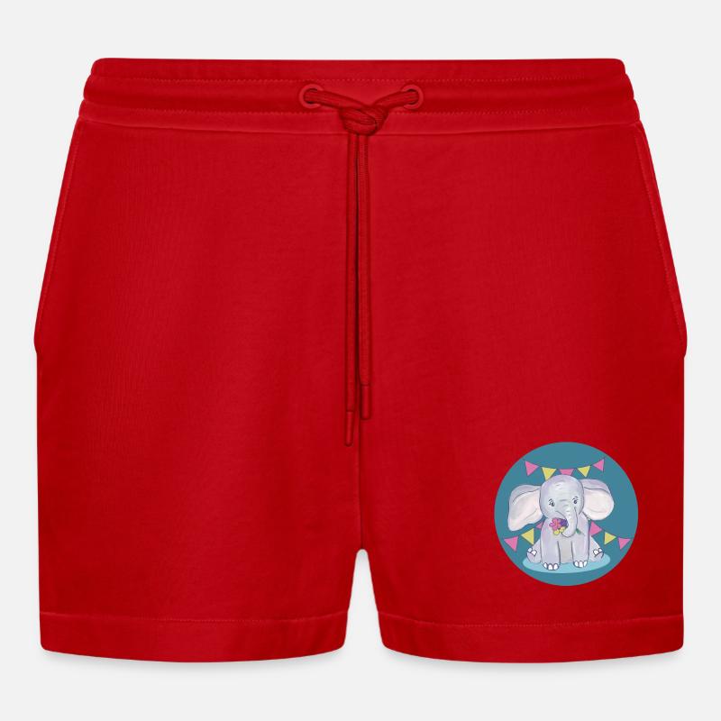 Elephant celebrates birthday - Organic Relaxed Cropped Shorts Made in EU - red