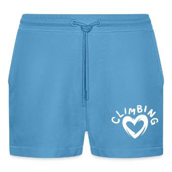 Climbing Herz Symbol - Kletterliebe Logo - Organic Relaxed Cropped Shorts Made in EU -  Sol Blue - Vorne