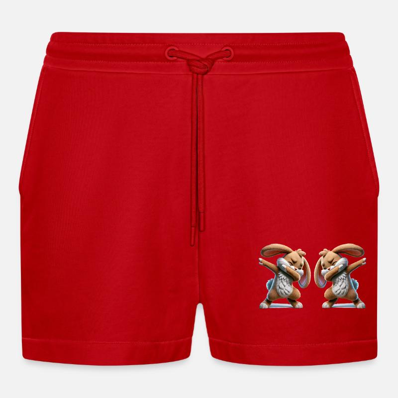 Rabbit Dabbing Comic 2 - Organic Relaxed Cropped Shorts Made in EU - red