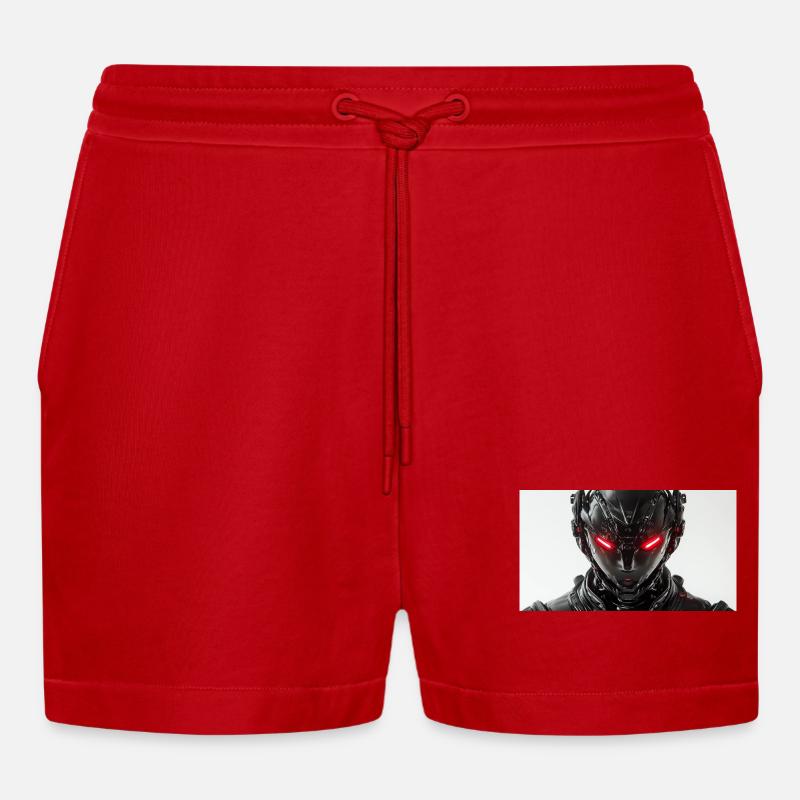 Futuristic robot with red glowing eyes - Organic Relaxed Cropped Shorts Made in EU - red