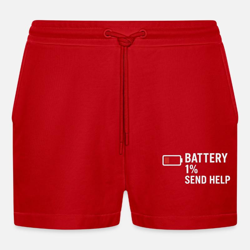Battery 1% – Send Help | Morgenmuffel - Organic Relaxed Cropped Shorts Made in EU - Rot