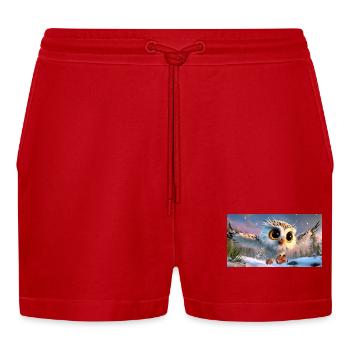 Fluffy snowy owl with googly eyes in flight - Organic Relaxed Cropped Shorts Made in EU - red - Front