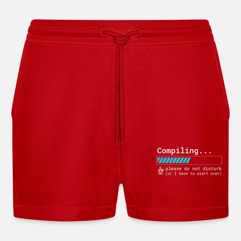 Funny Programmer T-Shirt - Compiling Please - Organic Relaxed Cropped Shorts Made in EU - red