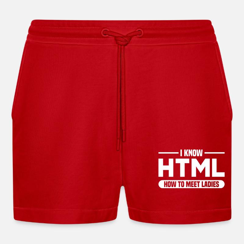 HTML Humor Code Programmierer Spruch - Organic Relaxed Cropped Shorts Made in EU - Rot