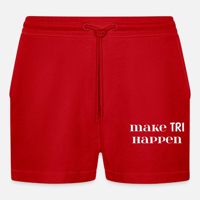 Make TRI Happen. Triathlon Gift - Organic Relaxed Cropped Shorts Made in EU - red